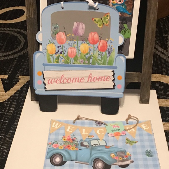 Welcome Floral Blue Truck Hanging Wall Sign Set - Picture 4 of 16